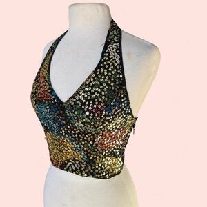Vintage 1990’s Sequined Sparkle Black and Rainbow Mini Halter Zip Up Tank Top
